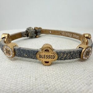 Good Works Blessed Fearless Strength‎ Leather Bracelet Gold Tone Rhinestones